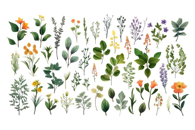 Vektor großes set ölgemäldeelemente wildblumen kräuter blatt flache handgezeichnete illustration isoliert auf weißem hintergrund