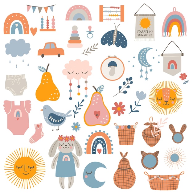 Großes Set süßes Boho-Babydekor im skandinavischen Stil. Zur Kinderzimmerdekoration. Vektor-Illustration