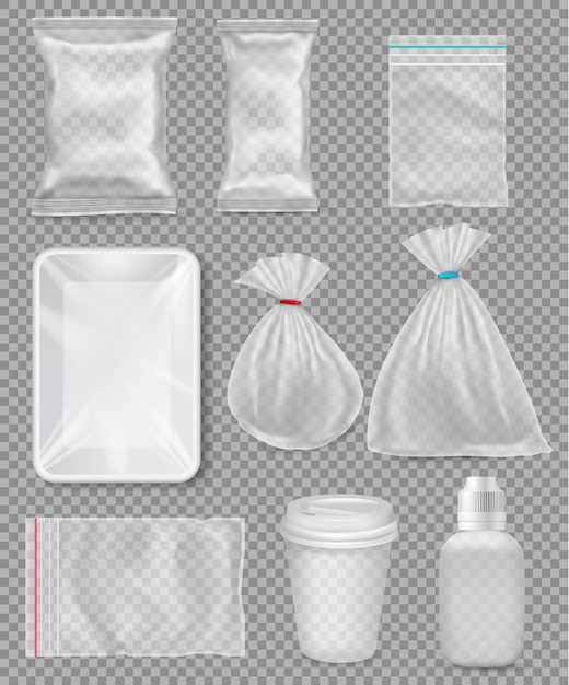Vektor großes set von polypropylen-kunststoffverpackungen - säcke, tablett, tasse auf transparentem hintergrund. vektor-illustration