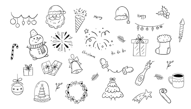 Großes Set von Weihnachtsdesign-Droodle-Elementen Weihnachten- und Neujahrs-Set Vektor-Handgezeichnet