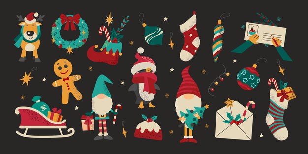 Großes Set von Winter-Weihnachtselementen Brief an den Weihnachtsmann Zwerg Hirsche Pudding Socken Weihnachten Schlitten Pinguin