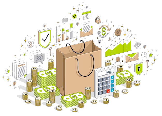 Großes verkaufskonzept, einzelhandel, ausverkauf, einkaufstasche mit bargeldstapeln isoliert auf weißem hintergrund. isometrische geschäftsillustration des vektors 3d mit ikonen, statistikdiagrammen und gestaltungselementen.