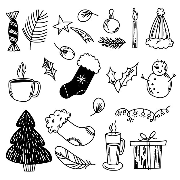 Großes weihnachtsdoodle-set mit traditionellen feiersymbolen