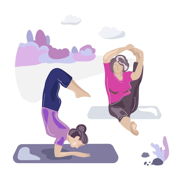 Großmütter älterer erwachsener frauen, die yoga im park machen und dehnungsvektorillustration üben