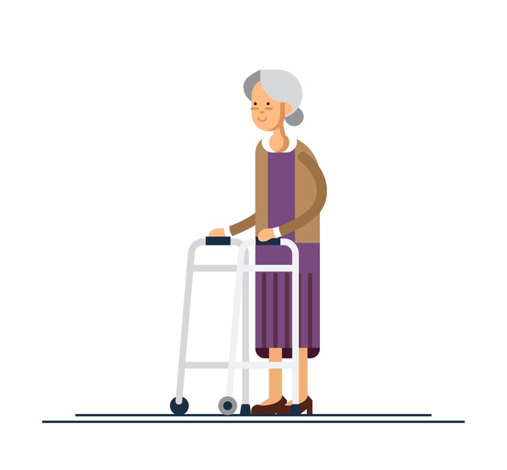 Großmutter geht mit einem Wanderer. Illustration in einem flachen Stil