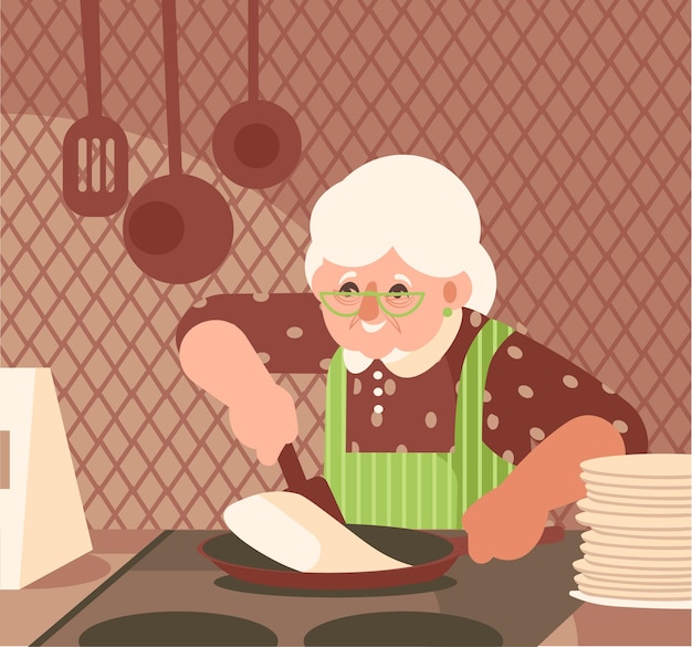 Vektor großmutter kocht in der küche, alte dame kocht pfannkuchen zu hause.
