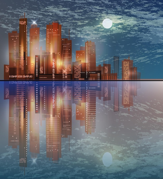 Großstadt bei Nacht Stadtbildhintergrund mit Architekturwolkenkratzern Megapolis-Gebäuden