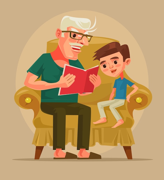 Großvater charakter sitzen mit enkel und lesen buchgeschichte. karikatur