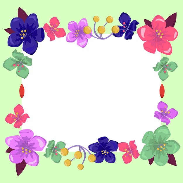 Grün gefärbte quadratische Form Textrahmen, umgeben von verschiedenen Blumen, Herzen und Blättern, Rahmen zum Schreiben, beringt mit verschiedenen Gänseblümchen, Herzen und Baumblättern