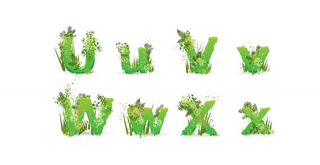 Grün lässt Vektoralphabet. Stilvolles ABC mit bunten tropischen Blättern, Büschen, Blumen und Naturelementen