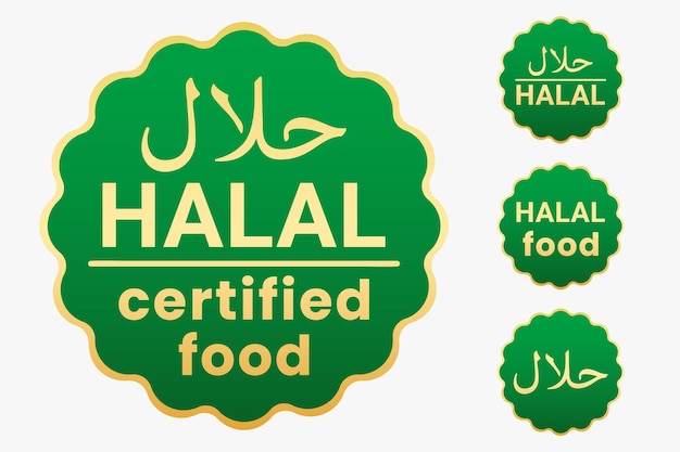 Vektor grün und gold gewelltes halal-zertifiziertes lebensmittel-stempelaufkleber-vektorset