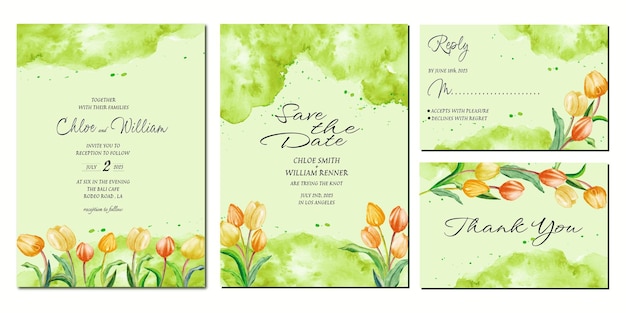 Vektor grüne aquarell save the date-karte mit tulpen und text.