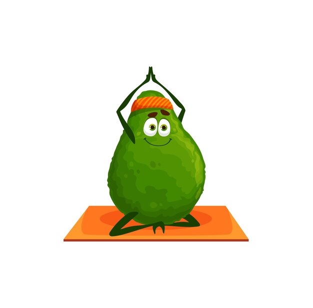 Grüne avocado-cartoon-figur in band, die sich auf fitness-yoga-pilates-matte ausdehnt, isoliertes maskottchen. vektor-sportliches emoticon, das übungen macht, sportaktivitätstraining von gesundem gemüse-veggie-essen