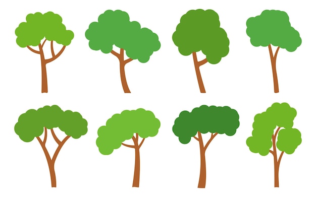 Grüne Bäume flaches Icon-Set Waldlaub Landschaft florales Outdoor-Element Unterschiedliche Form botanischer Park Cartoon-Pflanzen Natürliche Ökologie Sommergarten Ahorn Eiche Birke Espe Esche isoliert auf weiß