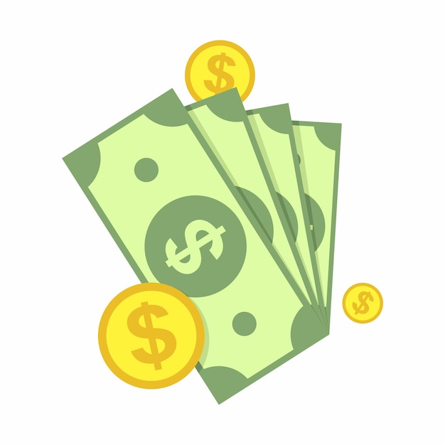 Grüne Bargeld-Dollars und Münz-Symbole auf weißem Hintergrund Geldvektor-Illustration