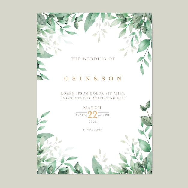 Grüne Blätter Aquarell Hochzeitseinladung Kartenvorlage