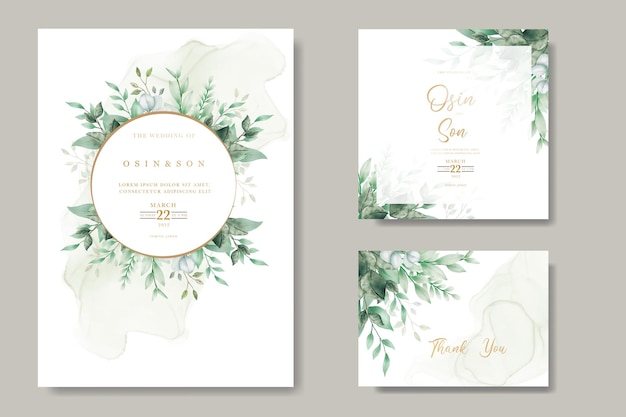 Grüne Blätter Aquarell Hochzeitseinladung Kartenvorlage