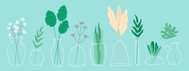 Grüne Blumensträuße aus Zweigen und Kräutern in Glasvasen auf Minzhintergrund Vektordesign-Elemente