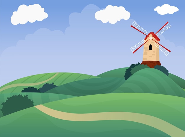 Grüne felder landschaft mit windmühle vektor bauernhof ländliche landschaft hintergrund
