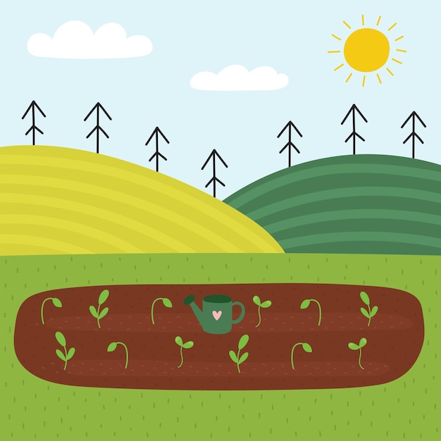 Grüne Feldlandschaft mit einem Gartenbett im Cartoon-Stil. Wiese mit Sprossen und einer Gießkanne