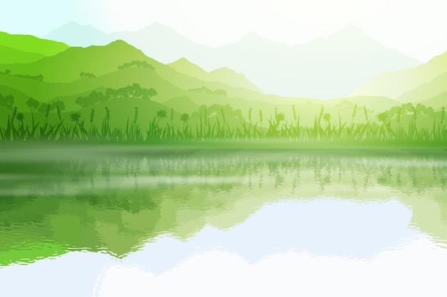 Grüne Hügel und Berge spiegeln sich in der Seenebel-Vektorillustration des Sommermorgens wider