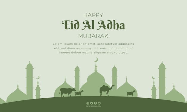 Grüne karte mit grünem hintergrund, auf dem happy eid al adha mura steht.