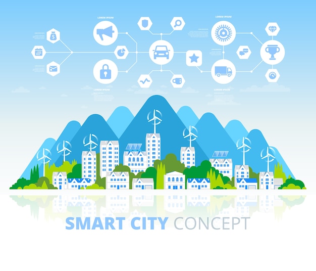 Grüne öko-stadt und banner der nachhaltigen architektur. illustration. gebäude mit sonnenkollektoren und windmühlen. glückliche saubere moderne stadt. rette den planeten. kreatives konzept der öko-technologie.