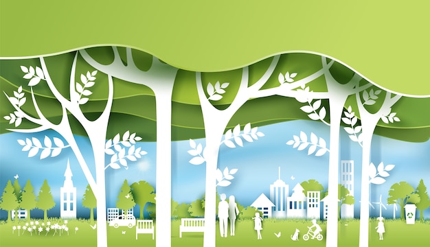 Vektor grüne öko-stadt und leben papierkunst stil