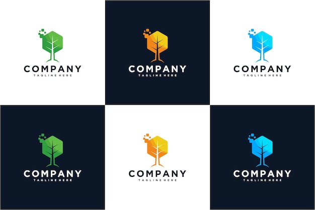 Vektor grüne pixel-baum-logo-design-vorlage kreativtechnologie-logosymbol blatt-tech-logosign