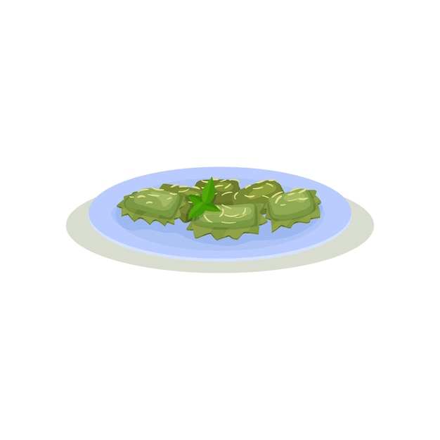 Grüne Quadretti-Nudeln mit Basilikumblättern in blauer Platte Köstliches Gericht der italienischen Küche Leckeres Essen zum Abendessen Flaches Vektorsymbol