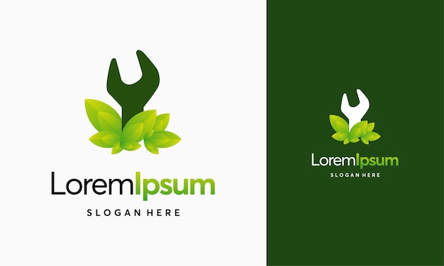 Grüne service-logo-design-vorlage, schraubenschlüssel-blatt-service-logo-vektor-symbol-illustration, mechaniker-blatt-logo-vorlagenvektor