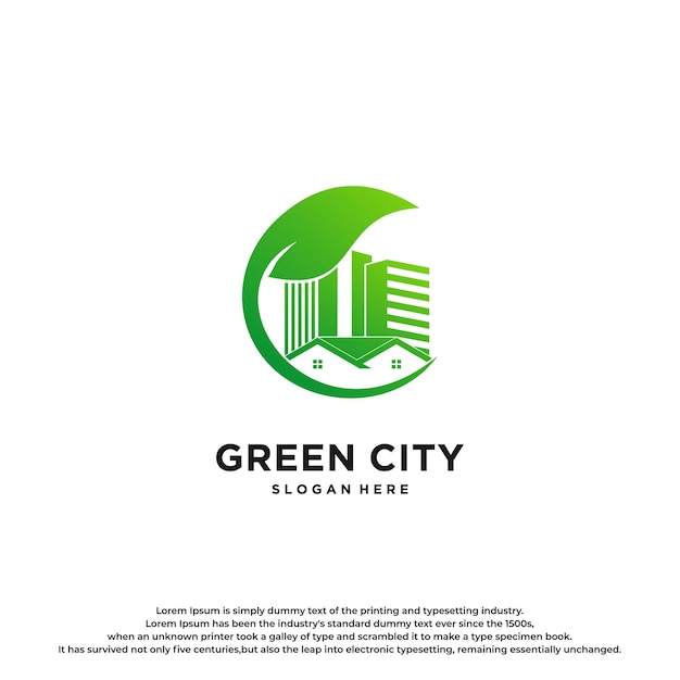 Grüne stadt mit grünem blatt-logo-design.