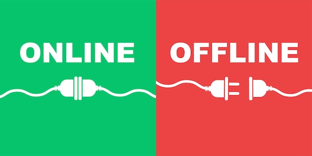 Vektor grüne und rote offline- oder online-kabel-internetverbindung. ziehen sie den stecker ab. vektor 10 eps