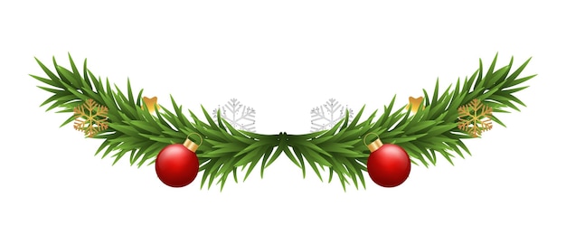 Grüne Weihnachtsgirlande Kranz der frohen Weihnachten mit Tannenzweigen goldenen silbernen Schneeflocken und 3D-Ball isoliert auf weißem Hintergrund Vektordekorationsdesign
