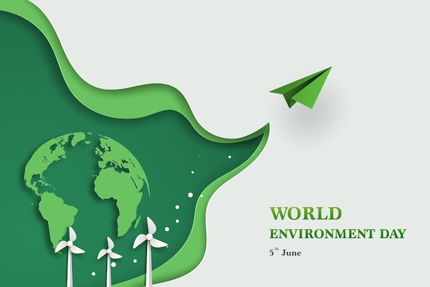 Vektor grüne welt mit windmühle und flugzeugpapier auf dem weißen wellenrahmen zum weltumwelttag am 5. juni-konzept im illustratorpapier-kunstdesign