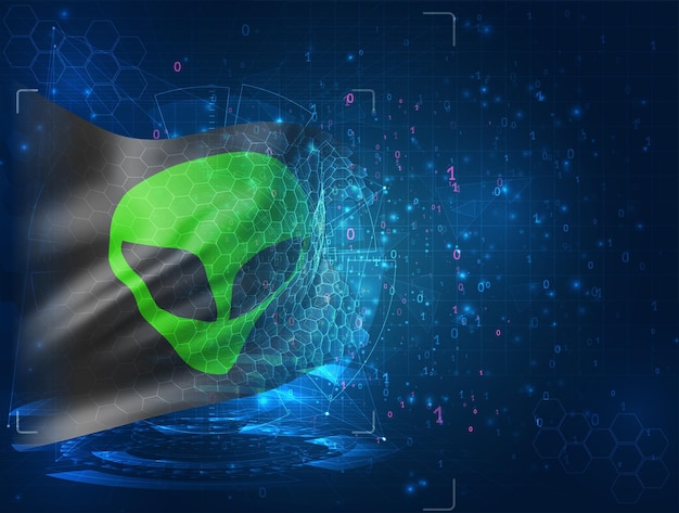 Grüner Alien aus dem Weltraumvektor 3D-Flagge auf blauem Hintergrund mit hud-Schnittstellen