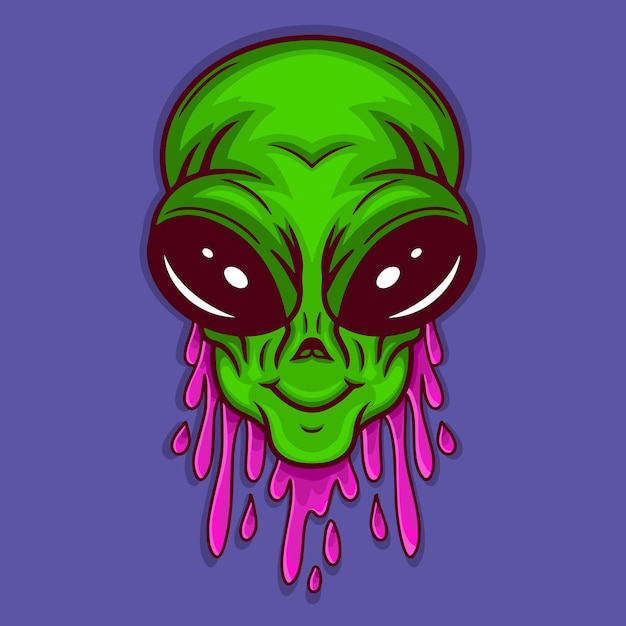 Vektor grüner alien-kopf in alien-schleim im cartoon-stil auf violettem hintergrund für ihr design gezeichnet