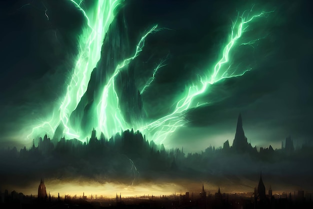 Grüner Blitz im Hintergrund der Stadt