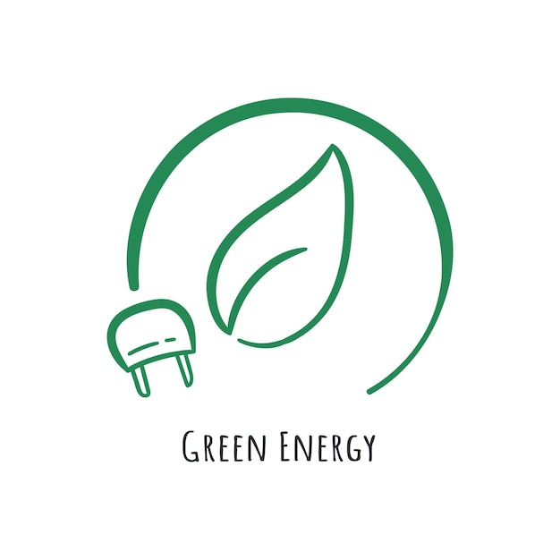 Grüner energiestecker und blattsymbol doodle illustration zeichnung handgezeichnetes umweltfreundliches umweltlogo