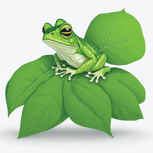 Grüner frosch, der auf einem blattvektorillustrations-weißen hintergrund sitzt