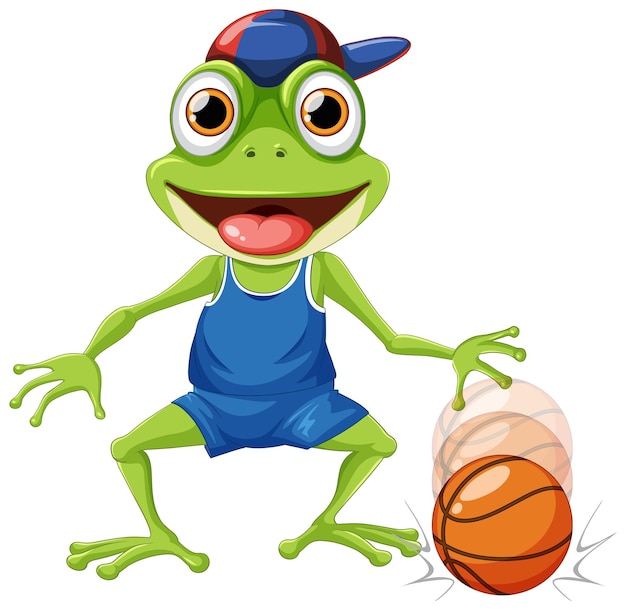 Grüner frosch, der basketball spielt