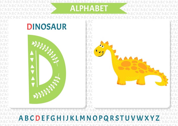 Grüner großbuchstabe d des kindlichen englischen alphabets mit niedlichem baby-dinosaurier kinderschrift mit lustigem tier für kindergarten- und vorschulerziehung handgezeichnete flache vektordarstellung isoliert auf weiß