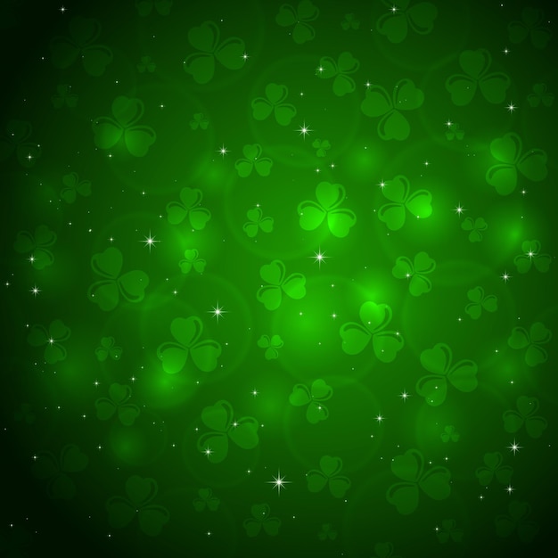 Grüner Hintergrund des St. Patricks Day mit Klee und verschwommenen Lichtern, Illustration.