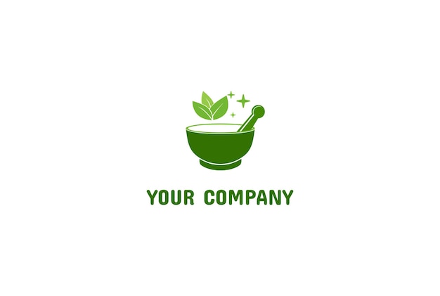 Grüner mörser und stößel mit blattblättern für kräutermedizin-logo-design-vektor