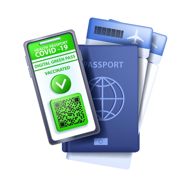 Grüner pass covid19 geimpftes digitales zertifikat vektor sicheres reisekonzept qr-code-symbol telefon