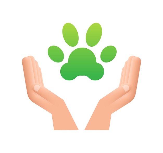Grüner Pfotenabdruck, der von zwei Händen gehalten wird und den Schutz und die Sorgfalt der Tiere symbolisiert