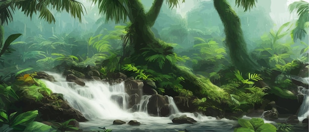Vektor grüner tropischer regenwald mit wasserfall und steinen an einem sonnigen tag, vektorgrafik