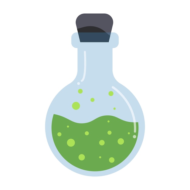 Grüner Zaubertrank in einem Flaschensymbol Clipart im flachen Stil