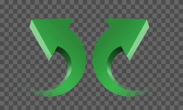 Grüner Zwillingspfeil 3D-Kurvenkreisrichtungsgradient transparent auf kariertem Zeichensymbolvektor