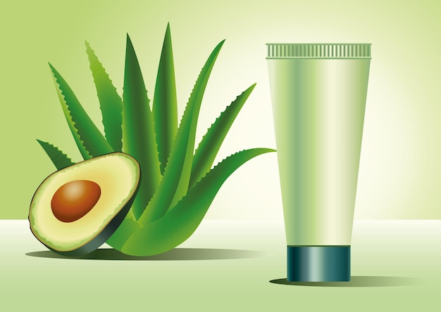 Grünes Hautpflegeröhrchenprodukt mit Aloe-Pflanzen- und Avocado-Illustration
